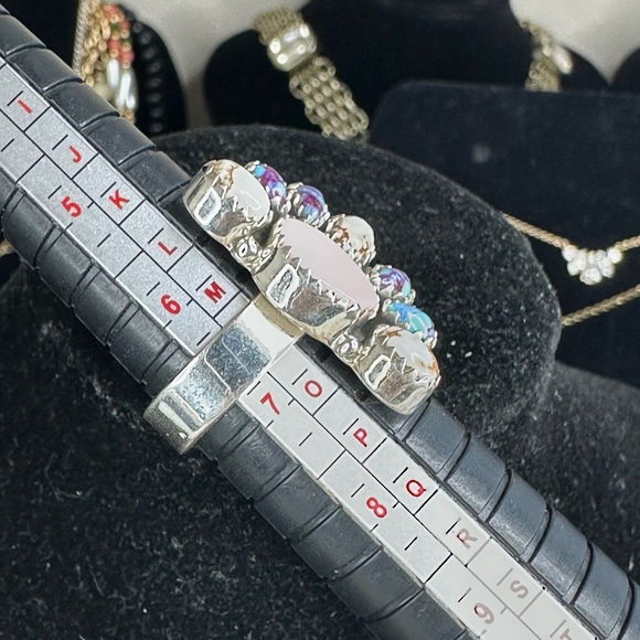 Sterling Silver Pink Conch & Composite gemstones half flower Ring Sz 6.5 adj - Picture 11 of 14